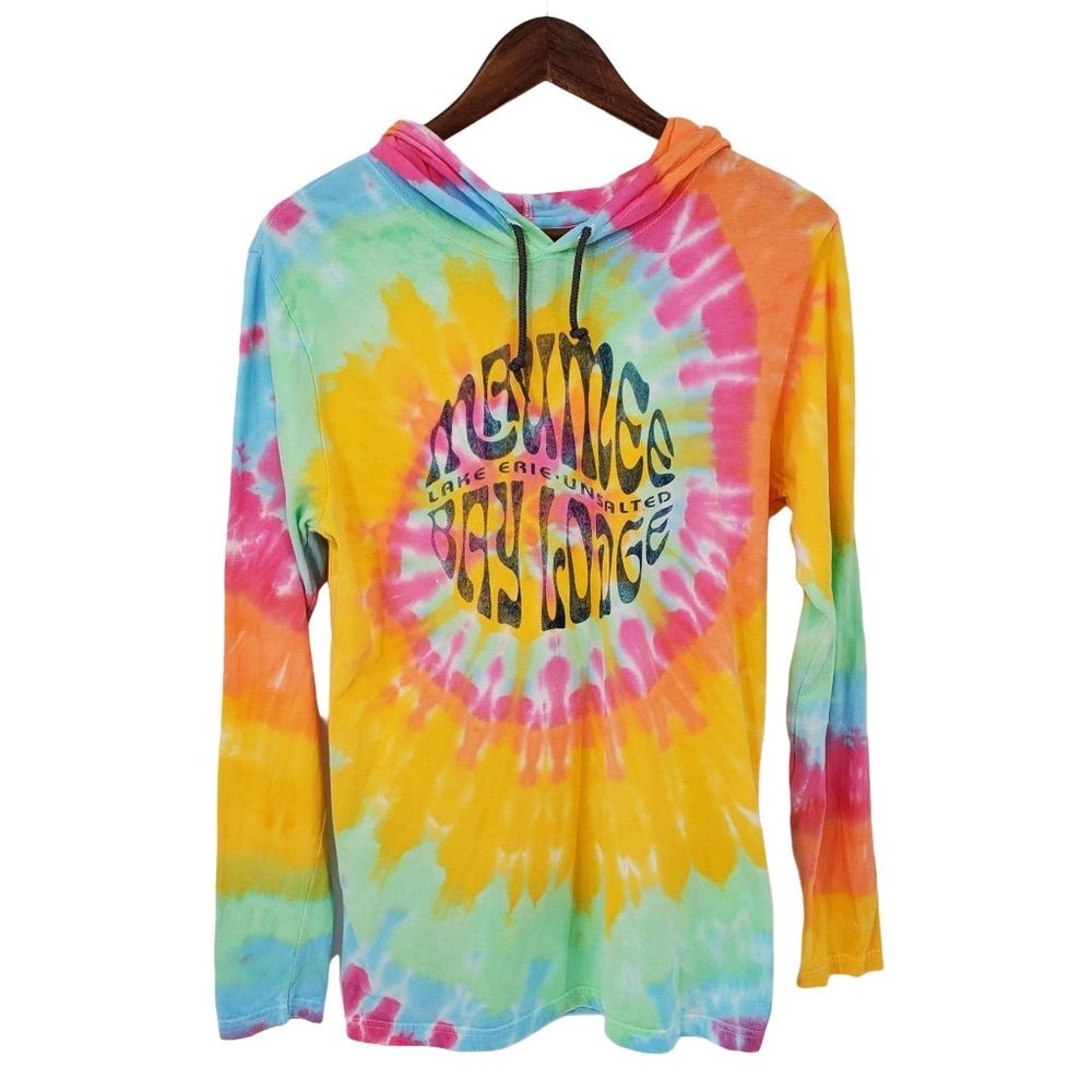 Womens Long Sleeve Hooded Tye Dye T-Shirt‎ Size S Colorful Maumee Bay Lodge